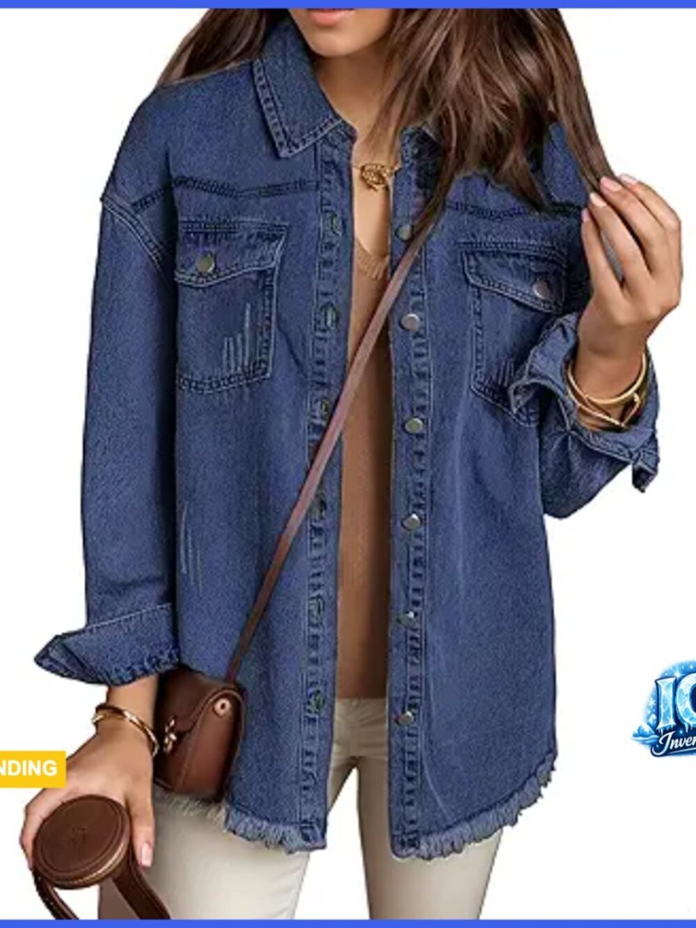 100% Cotton Oversized Denim Jacket Long Sleeve Frayed Hem Boyfriend